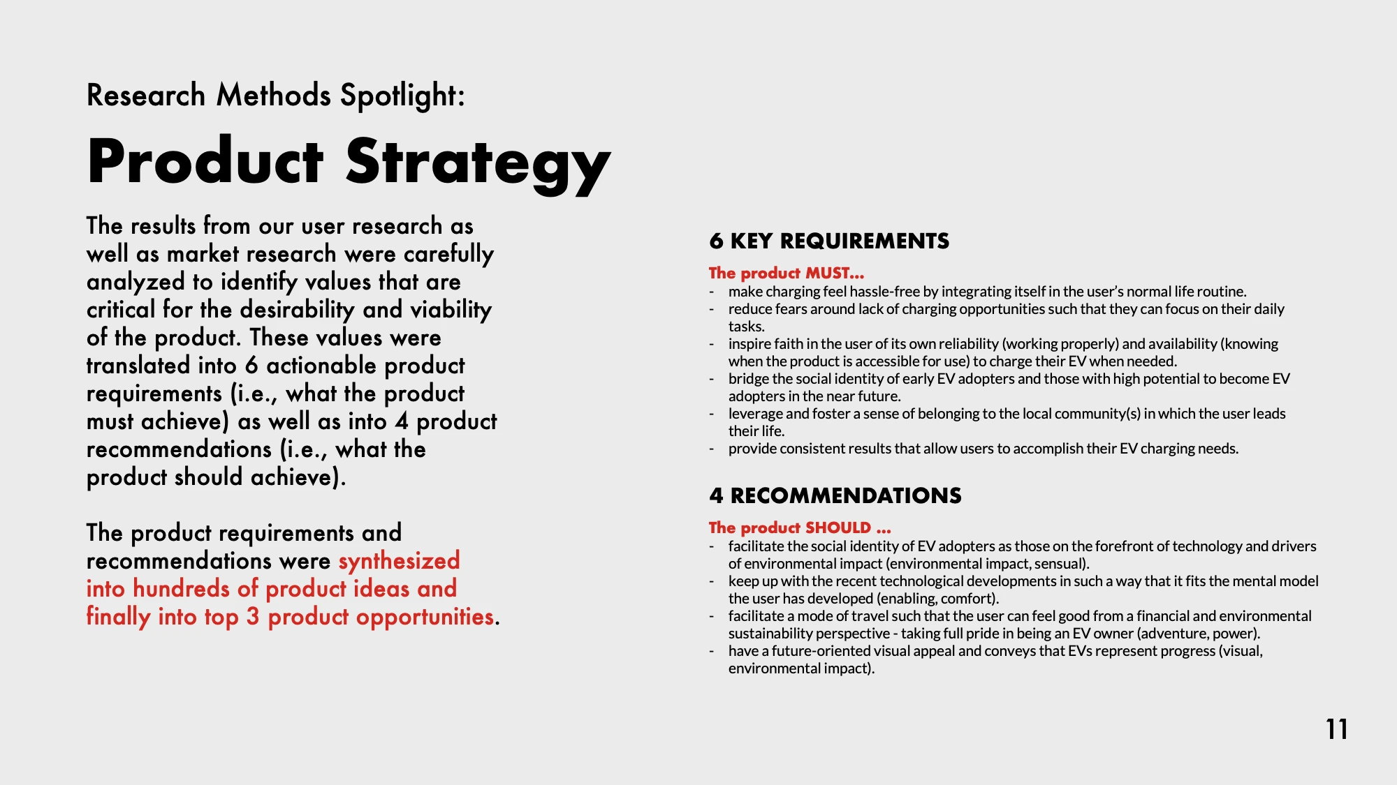 AI-generated alt text
English: Slide “Research methods spotlight: product strategy.” Research results were translated into 6 key requirements (what the product must do, such as making charging feel hassle-free, reducing fear of lacking chargers, and fostering belonging to the local community) and 4 recommendations (what it should do), then into hundreds of product ideas and finally the top three product opportunities.
日本語：プロダクト戦略のスライド。調査結果から、「プロダクトが必ず満たすべき6つの要件」（充電を普段の生活に自然に組み込む、充電できないという不安を減らす、地域コミュニティへの帰属意識を育てる、など）と、「満たすのが望ましい4つの推奨」を導いた。そこから数百のアイデアを出し、最終的に3つのプロダクトの機会に絞り込んだ。