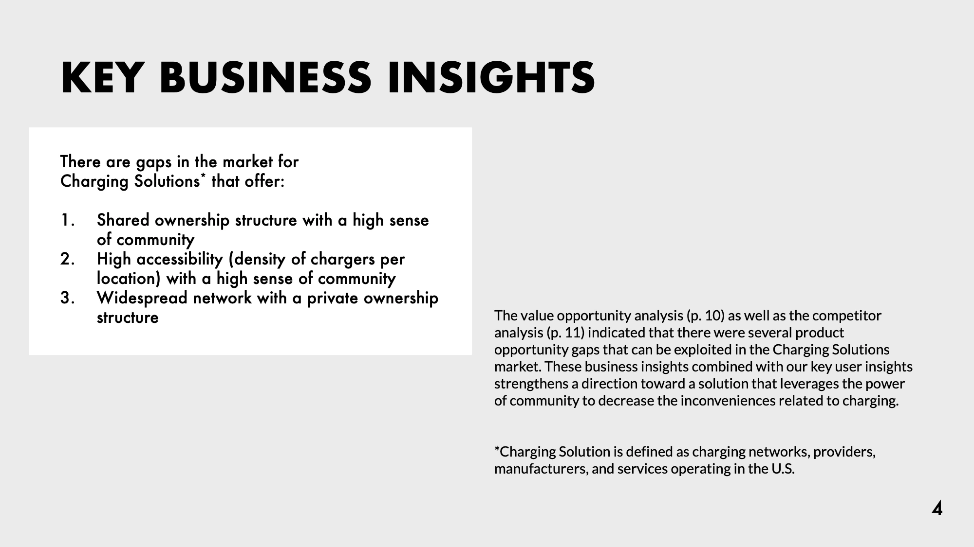 AI-generated alt text
English: Slide titled “Key business insights.” There are market gaps for charging solutions that offer: shared ownership with a high sense of community; high accessibility with a high sense of community; and a widespread network with private ownership. A paragraph explains these come from the value opportunity and competitor analyses, and a footnote defines “charging solution.”
日本語：「ビジネスインサイト」のスライド。充電ソリューションの市場には、「コミュニティ感覚のある共有所有」「コミュニティ感覚のある高いアクセス性（拠点あたりの充電器の多さ）」「個人所有を前提にした広域ネットワーク」の3つの空白がある。価値ギャップ分析と競合分析から見えてきたことで、脚注に「充電ソリューション」の定義が添えられている。